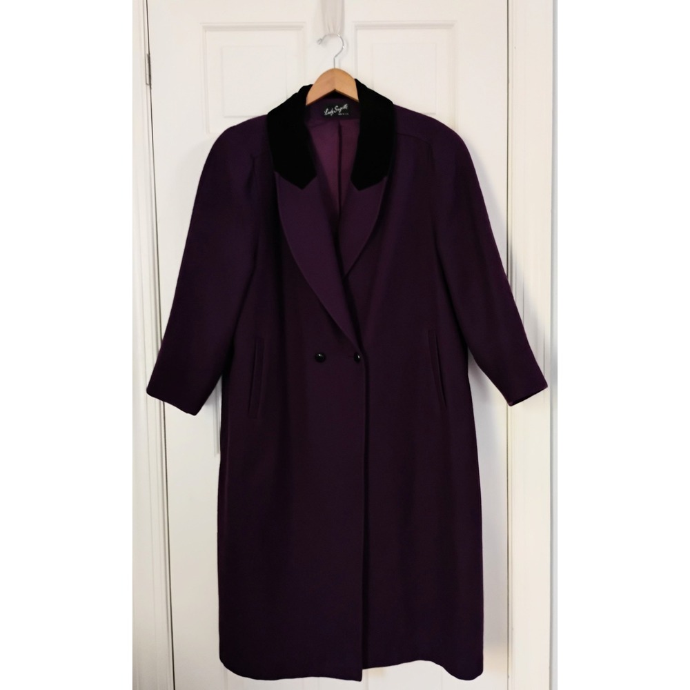 Lady Suzette Wool Blend Coat Womens XL Purple Velvet Collar VTG Long Overcoat - Picture 2 of 9
